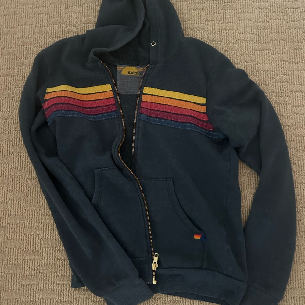 Aviator Nation Kid’s Charcoal Zip-Up Hoodie with Retro Stripe-Size 14